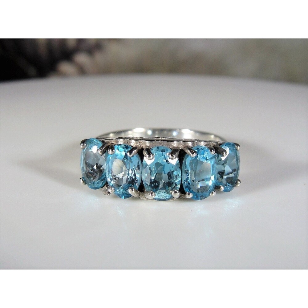 Genuine Swiss Blue Topaz 5 Stone Band Ring - Sterling Silver - Blue Ring SIZE 9